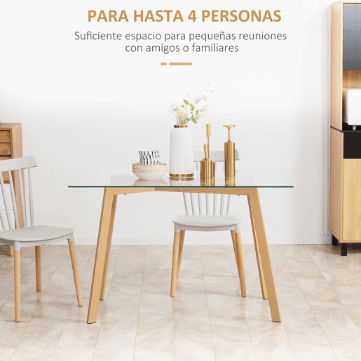 HOMCOM Mesa de Jantar para 4 Pessoas Mesa de Cozinha Moderna com Bancada de Vidro Temperado e Pés de Aço com Efeito de Madeira para Sala de Jantar 120x60x76cm Transparente e Madeira