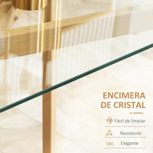 HOMCOM Mesa de Jantar para 4 Pessoas Mesa de Cozinha Moderna com Bancada de Vidro Temperado e Pés de Aço com Efeito de Madeira para Sala de Jantar 120x60x76cm Transparente e Madeira