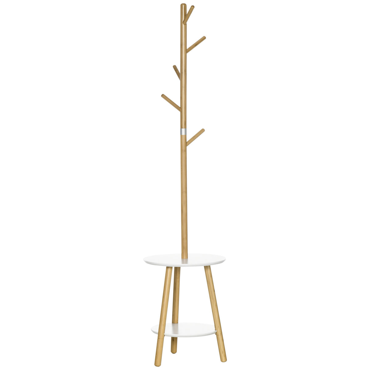 Homcom 2 en 1 perchero de pie de bambú perchero árbol de pasillo con 2 estantes 5 ganchos para ropas bolsas y marco de aluminio para entrada dormitorio 39,5x39,5x171 cm natural