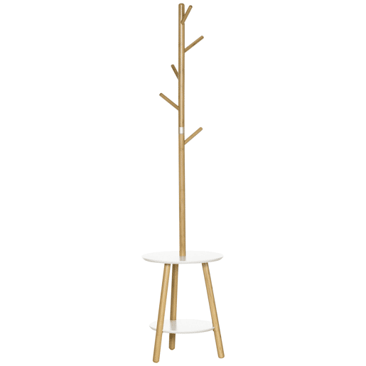 HOMCOM Cabide de Pé de Bambu 2 em 1 Cabide de Pé com 2 Prateleiras 5 Ganchos para Roupas Bolsas e Estrutura de Alumínio para Entrada Dormitório 39x5x39,5x71cm Madeira e Branco