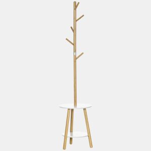 HOMCOM Cabide de Pé de Bambu 2 em 1 Cabide de Pé com 2 Prateleiras 5 Ganchos para Roupas Bolsas e Estrutura de Alumínio para Entrada Dormitório 39x5x39,5x71cm Madeira e Branco