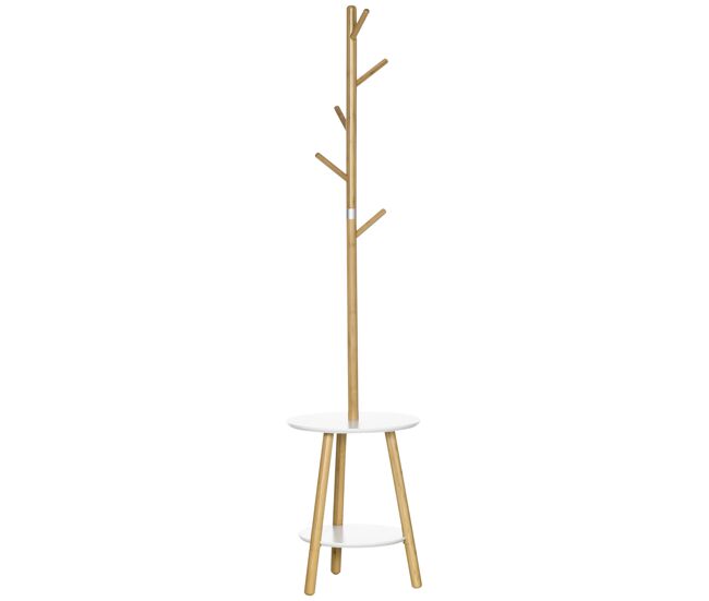 Homcom 2 en 1 perchero de pie de bambú perchero árbol de pasillo con 2 estantes 5 ganchos para ropas bolsas y marco de aluminio para entrada dormitorio 39,5x39,5x171 cm natural