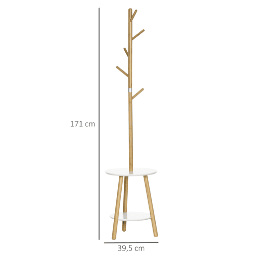 HOMCOM Cabide de Pé de Bambu 2 em 1 Cabide de Pé com 2 Prateleiras 5 Ganchos para Roupas Bolsas e Estrutura de Alumínio para Entrada Dormitório 39x5x39,5x71cm Madeira e Branco