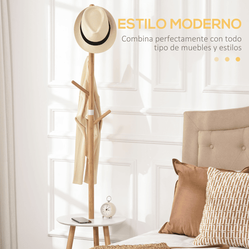HOMCOM Cabide de Pé de Bambu 2 em 1 Cabide de Pé com 2 Prateleiras 5 Ganchos para Roupas Bolsas e Estrutura de Alumínio para Entrada Dormitório 39x5x39,5x71cm Madeira e Branco