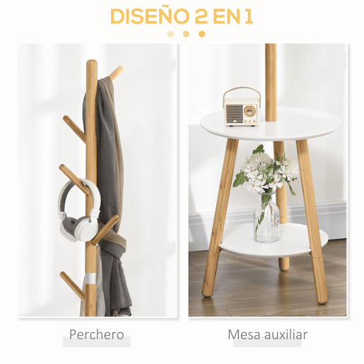HOMCOM Cabide de Pé de Bambu 2 em 1 Cabide de Pé com 2 Prateleiras 5 Ganchos para Roupas Bolsas e Estrutura de Alumínio para Entrada Dormitório 39x5x39,5x71cm Madeira e Branco