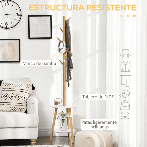 HOMCOM Cabide de Pé de Bambu 2 em 1 Cabide de Pé com 2 Prateleiras 5 Ganchos para Roupas Bolsas e Estrutura de Alumínio para Entrada Dormitório 39x5x39,5x71cm Madeira e Branco