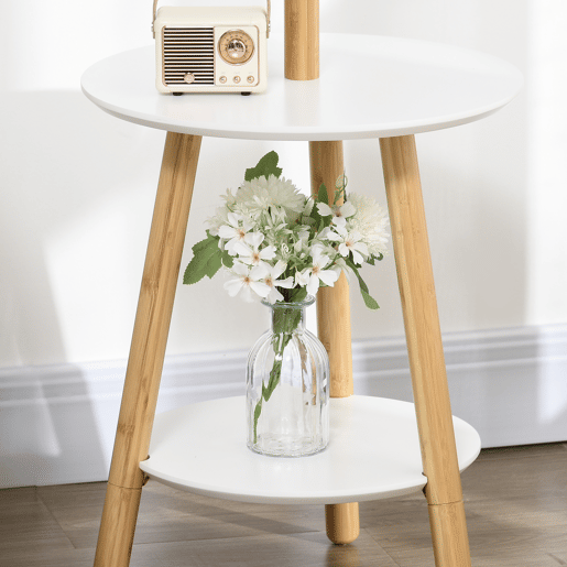 HOMCOM Cabide de Pé de Bambu 2 em 1 Cabide de Pé com 2 Prateleiras 5 Ganchos para Roupas Bolsas e Estrutura de Alumínio para Entrada Dormitório 39x5x39,5x71cm Madeira e Branco
