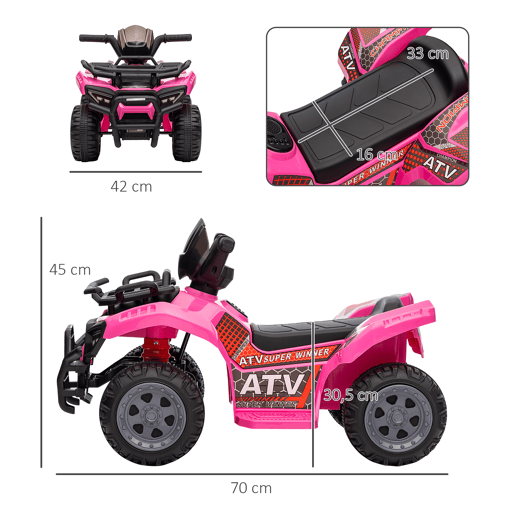 HOMCOM Quadriciclo Elétrico para Crianças de 18-36 Meses Veículo Elétrico a Bateria 6V Infantil com Velocidade 2kmh 70x42x45 cm Rosa