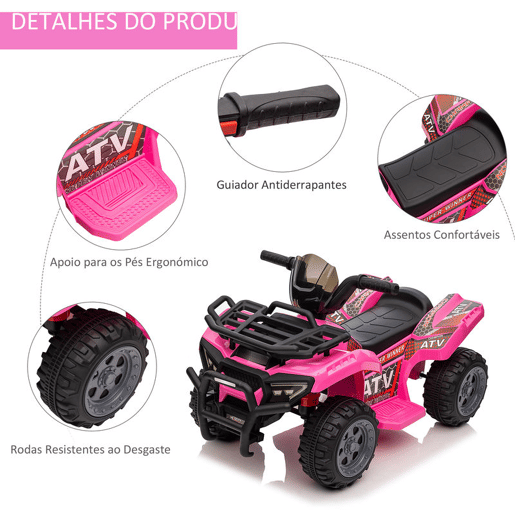 HOMCOM Quadriciclo Elétrico para Crianças de 18-36 Meses Veículo Elétrico a Bateria 6V Infantil com Velocidade 2kmh 70x42x45 cm Rosa