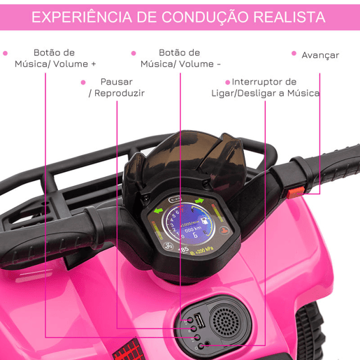 HOMCOM Quadriciclo Elétrico para Crianças de 18-36 Meses Veículo Elétrico a Bateria 6V Infantil com Velocidade 2kmh 70x42x45 cm Rosa