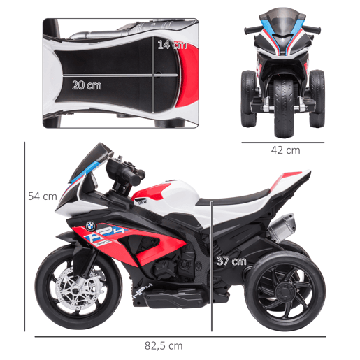 HOMCOM Mota Elétrica BMW HP4 para Crianças Acima de 18 Meses Mota de Bateria 6V com Música USB Velocidade 2,5kmh Avance e Retrocesso Carga Máxima 30kg 82,5x42x54cm Vermelha