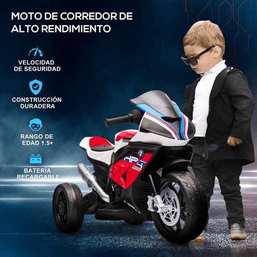 HOMCOM Mota Elétrica BMW HP4 para Crianças Acima de 18 Meses Mota de Bateria 6V com Música USB Velocidade 2,5kmh Avance e Retrocesso Carga Máxima 30kg 82,5x42x54cm Vermelha