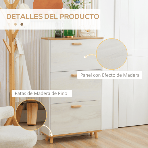 HOMCOM Sapateira Moderna Armário para Sapatos com 3 Gavetas Abatíveis para 12 Pares de Sapatos e Prateleira Ajustável para Corredor Entrada 70x23,5x122cm Branco e Madeira