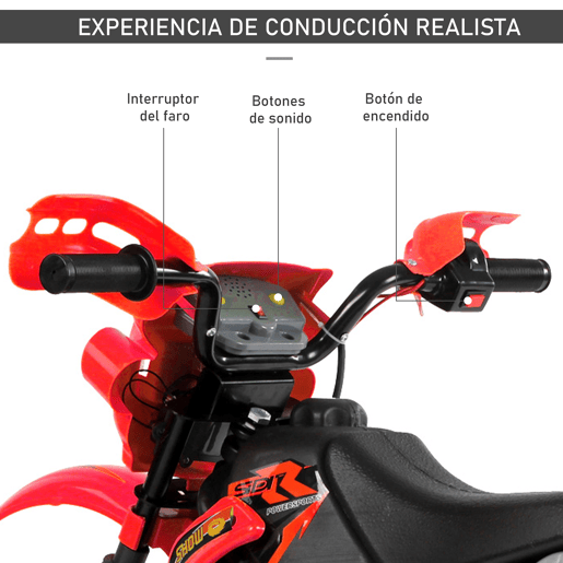 HOMCOM Mota Elétrica para Crianças Mota Elétrica Infantil Bateria 6V para Crianças acima de 3 Anos com Rodas de Apoio 102x53x66 cm Vermelho e Preto