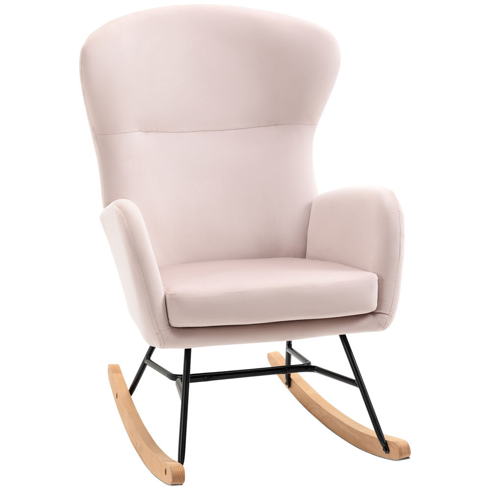 Homcom mecedora tapizada en tejido técnico sillón relax con patas de madera de haya respaldo con diseño curvo y reposabrazos mecedora para lactancia carga 150 kg para dormitorio salón rosa
