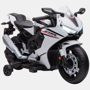 HOMCOM Mota Elétrica com Licença HONDA para Crianças de 3-5 Anos Mota a Bateria 6V com Farol Buzina Música e Rodas Auxiliares Removíveis Carga Máxima 30kg 90x44x52cm Branco