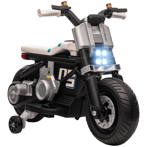 HOMCOM Mota Elétrica Infantil Mota a Bateria 6V com Farol Música Buzina Velocidade 3kmh Avance e Retrocesso e Rodas Auxiliares para Crianças de 3-5 Anos Carga 25kg 86x44x58cm Preto e Branco