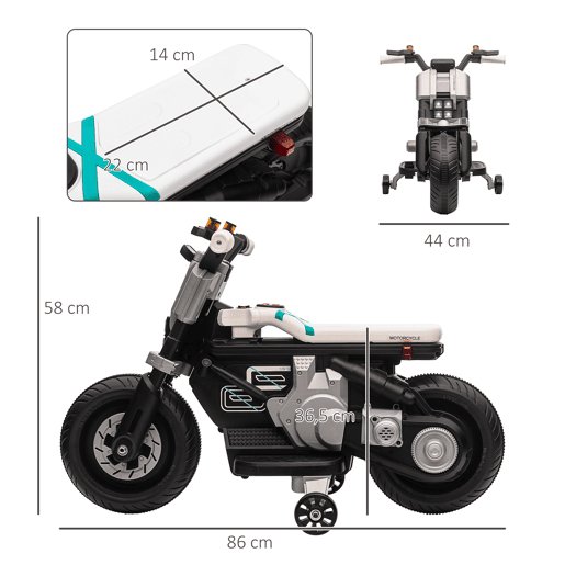 HOMCOM Mota Elétrica Infantil Mota a Bateria 6V com Farol Música Buzina Velocidade 3kmh Avance e Retrocesso e Rodas Auxiliares para Crianças de 3-5 Anos Carga 25kg 86x44x58cm Preto e Branco