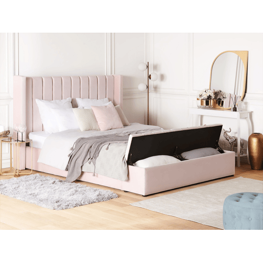 Cama com banco de arrumação Veludo NOYERS 180 x 200 cm Rosa pastel
