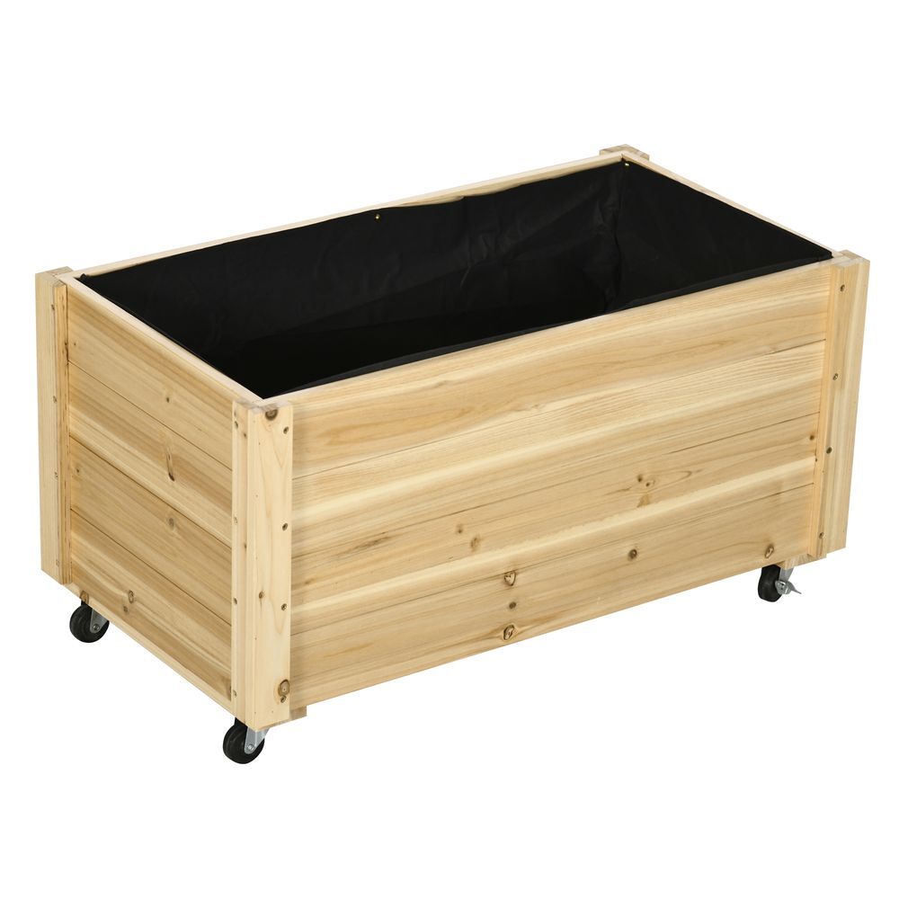 Outsunny jardinera de madera con ruedas, huerto urbano para cultivar plantas, macetero exterior con orificios de drenaje y tela no tejida, para jardin, terraza, balcón y patio, 89x48x47 cm, natural