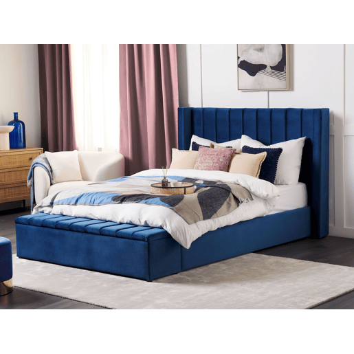 Cama com banco de arrumação Veludo NOYERS 160 x 200 cm Azul marinho