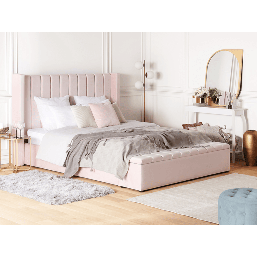 Cama com banco de arrumação Veludo NOYERS 160 x 200 cm Rosa pastel
