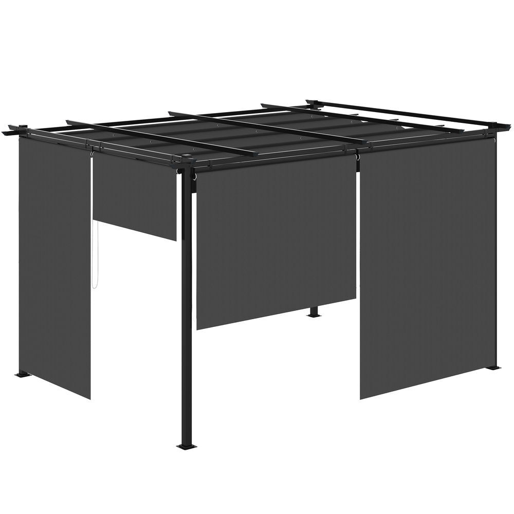 Outsunny pérgola de jardín 4x3 m cenador para exterior con techo retráctil 4 cortinas enrollables de poliéster y marco de metal para patio terraza gris oscuro