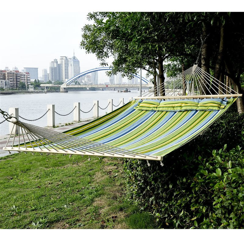 Outsunny hamaca colgante de jardín para 2 personas hamaca ecológico para camping con almohada carga de 180 kg rayas azules y verdes 3,4x1,4m