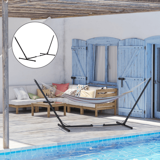 Outsunny Suporte para rede de jardim ajustável no comprimento 313-388x109x116 cm com bolsa de transporte Estrutura metálica para interior e exterior Máx. 120 kg
