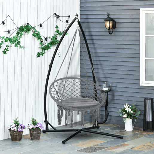 Outsunny Suporte para cadeira suspensa Suporte giratório de 190 cm com mesa lateral carga máx.120kg Estrutura metálica para jardim de pátio preto