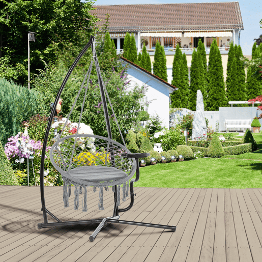 Outsunny Suporte para cadeira suspensa Suporte giratório de 190 cm com mesa lateral carga máx.120kg Estrutura metálica para jardim de pátio preto