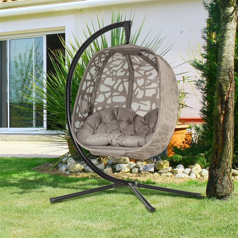 Outsunny silla colgante con soporte de acero sillón colgante hamaca con cesta plegable y cojines para interiores y exterior carga 120 kg 126x96x172 cm marrón