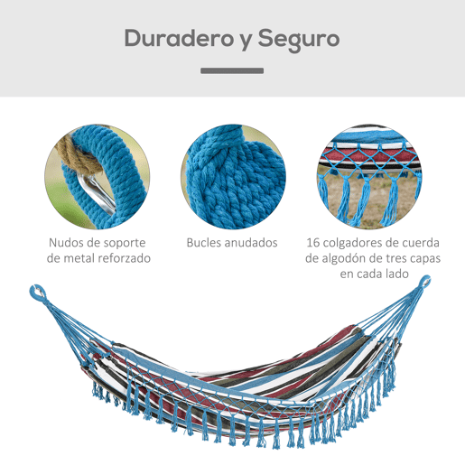 Outsunny Cama de Rede Dupla Portátil de Algodão 300x150cm com Bolsa de Transporte para Exterior Pátio Jardim Praia Campismo Carga Máxima 120 kg Multicor