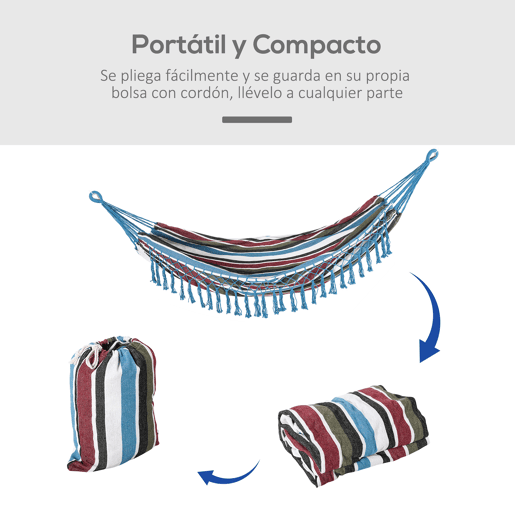Outsunny Cama de Rede Dupla Portátil de Algodão 300x150cm com Bolsa de Transporte para Exterior Pátio Jardim Praia Campismo Carga Máxima 120 kg Multicor