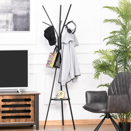 HOMCOM Cabide de Pé Metálico para Pendurar Roupa Bolsas com 9 Ganchos e Prateleira Cabide de Pé Moderno 45x45x180 cm Preto