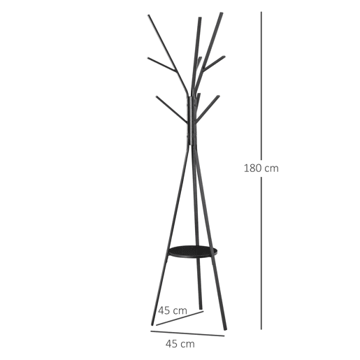 HOMCOM Cabide de Pé Metálico para Pendurar Roupa Bolsas com 9 Ganchos e Prateleira Cabide de Pé Moderno 45x45x180 cm Preto