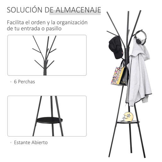 HOMCOM Cabide de Pé Metálico para Pendurar Roupa Bolsas com 9 Ganchos e Prateleira Cabide de Pé Moderno 45x45x180 cm Preto