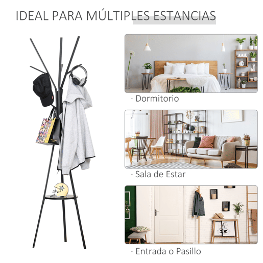 HOMCOM Cabide de Pé Metálico para Pendurar Roupa Bolsas com 9 Ganchos e Prateleira Cabide de Pé Moderno 45x45x180 cm Preto