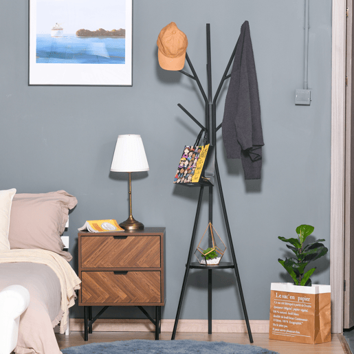 HOMCOM Cabide de Pé Metálico para Pendurar Roupa Bolsas com 9 Ganchos e Prateleira Cabide de Pé Moderno 45x45x180 cm Preto