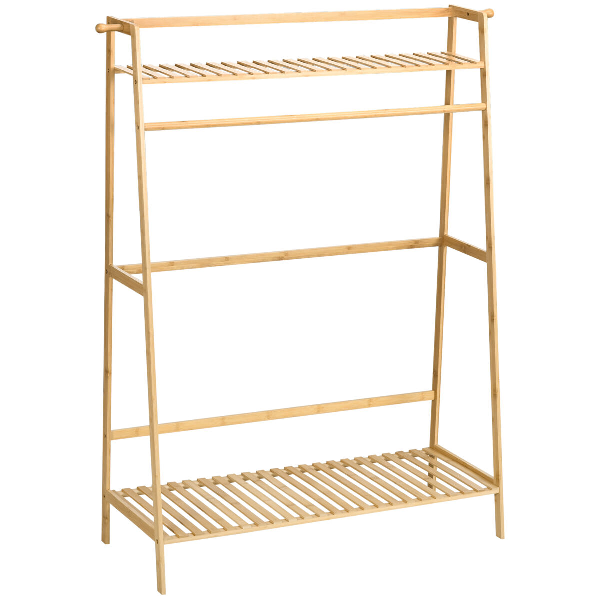 Homcom perchero de pie de bambú perchero para ropa con 2 estantes de almacenaje 2 ganchos laterales y barra colgante para entrada dormitorio oficina 114x40x139 cm natural