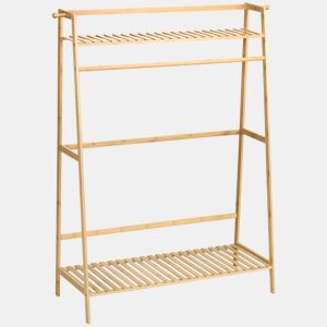 HOMCOM Suporte para Cabide de Bambu para Roupa com 2 Prateleiras de Armazenamento 2 Ganchos Laterais e Barra Suspensa para Entrada Dormitório Escritório 114x40x139 cm Madeira