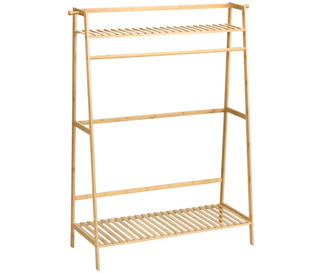 Homcom perchero de pie de bambú perchero para ropa con 2 estantes de almacenaje 2 ganchos laterales y barra colgante para entrada dormitorio oficina 114x40x139 cm natural