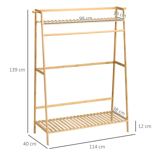 HOMCOM Suporte para Cabide de Bambu para Roupa com 2 Prateleiras de Armazenamento 2 Ganchos Laterais e Barra Suspensa para Entrada Dormitório Escritório 114x40x139 cm Madeira