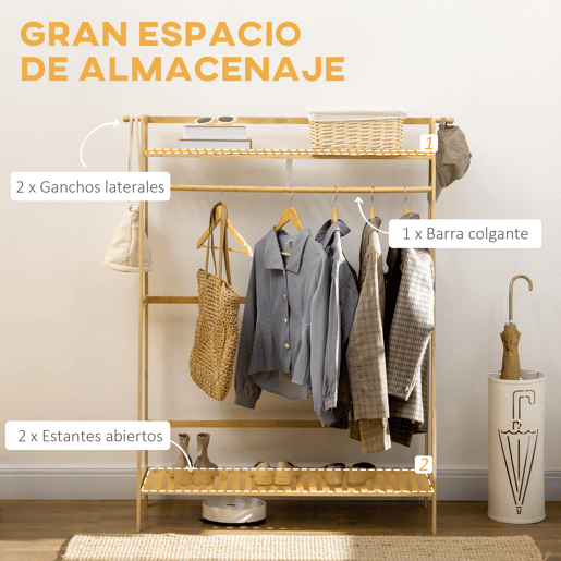 HOMCOM Suporte para Cabide de Bambu para Roupa com 2 Prateleiras de Armazenamento 2 Ganchos Laterais e Barra Suspensa para Entrada Dormitório Escritório 114x40x139 cm Madeira