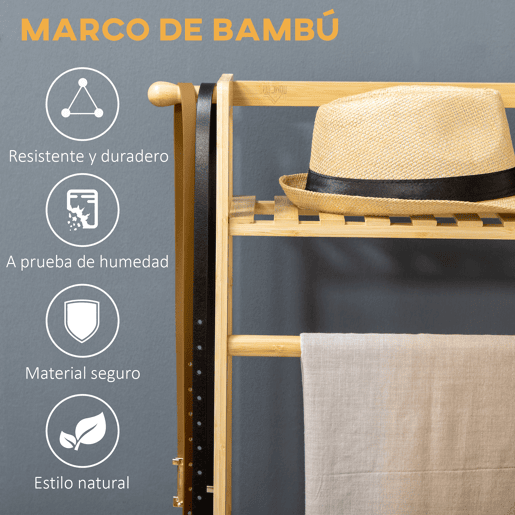HOMCOM Suporte para Cabide de Bambu para Roupa com 2 Prateleiras de Armazenamento 2 Ganchos Laterais e Barra Suspensa para Entrada Dormitório Escritório 114x40x139 cm Madeira