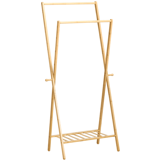 HOMCOM Suporte para Cabides de Bambu Porta Cabides com Prateleira para Sapatos 2 Barras e 2 Ganchos para Corredor Entrada Dormitório 74x42x150 cm Madeira