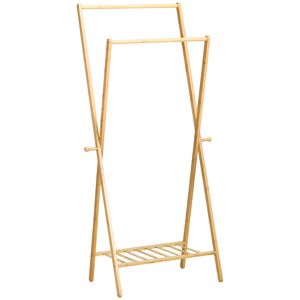 HOMCOM Suporte para Cabides de Bambu Porta Cabides com Prateleira para Sapatos 2 Barras e 2 Ganchos para Corredor Entrada Dormitório 74x42x150 cm Madeira