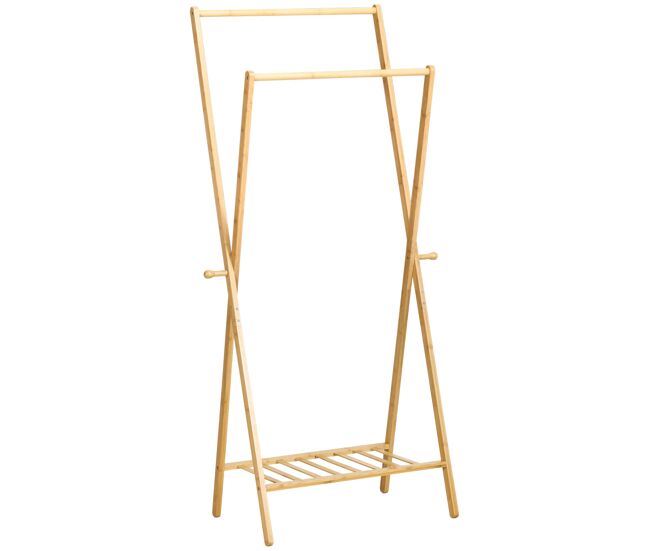 Homcom perchero de pie de bambú perchero con estante para zapatos colgador de ropa con 2 barras y 2 ganchos para colgar para pasillo entrada dormitorio 74x42x150 cm natural
