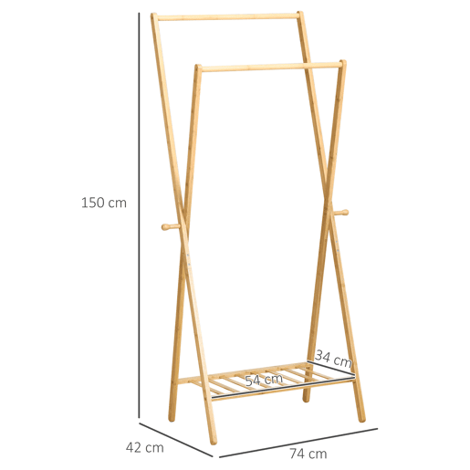 HOMCOM Suporte para Cabides de Bambu Porta Cabides com Prateleira para Sapatos 2 Barras e 2 Ganchos para Corredor Entrada Dormitório 74x42x150 cm Madeira