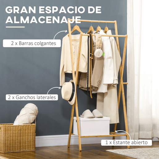 HOMCOM Suporte para Cabides de Bambu Porta Cabides com Prateleira para Sapatos 2 Barras e 2 Ganchos para Corredor Entrada Dormitório 74x42x150 cm Madeira